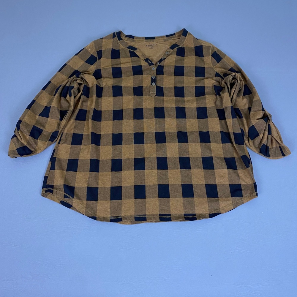 Relativity‎ Tunic Top 2X Brown Black Buffalo Plaid Henley 3/4 Roll Tab Sleeve
